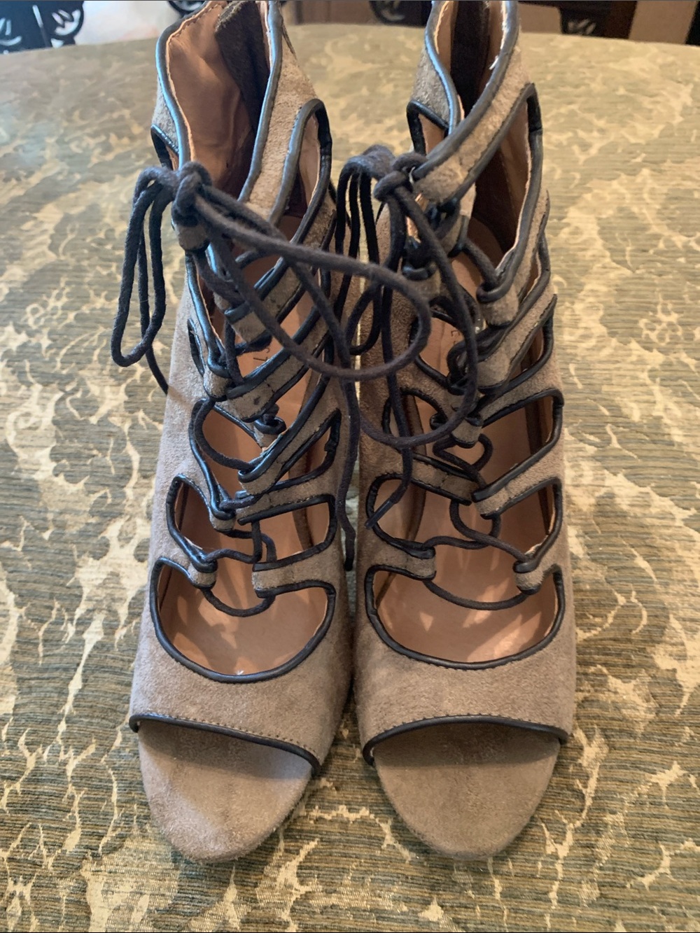 Nine West Gray Taupe Suede Lace-Up Cutout Heels